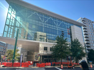 Orange barricades mark off construction to the Purple Line stop attached to the Silver Spring Library on the corner of Wayne Avenue and Fenton Street.