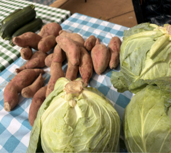 Three side-by-side images show an array of vegetables at the FRESHFARM ACM market. Photo by Ashayla Byrd