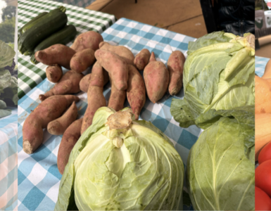 Three side-by-side images show an array of vegetables at the FRESHFARM ACM market. Photo by Ashayla Byrd