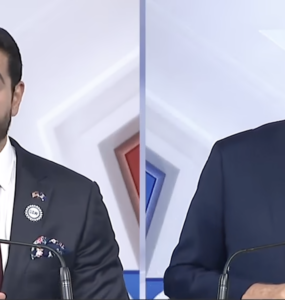 Democrat candidate Abdul El-Sayed, left, and Republican Mike Rogers at final debate for Michigan Senate seat. Screenshot from WXYZ-TV Detroit debate recording from October 24, 2026.