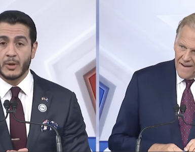 Democrat candidate Abdul El-Sayed, left, and Republican Mike Rogers at final debate for Michigan Senate seat. Screenshot from WXYZ-TV Detroit debate recording from October 24, 2026.