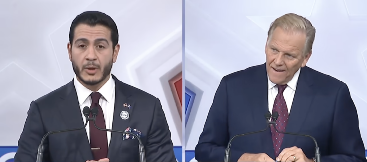 Democrat candidate Abdul El-Sayed, left, and Republican Mike Rogers at final debate for Michigan Senate seat. Screenshot from WXYZ-TV Detroit debate recording from October 24, 2026.