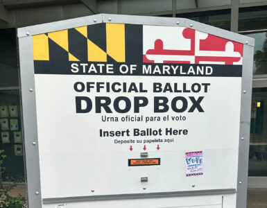 A State of Maryland ballot box sits outside of the entrance way to the Wheaton Recreation Community Center.