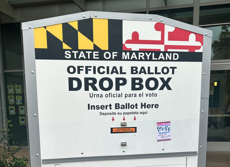 A State of Maryland ballot box sits outside of the entrance way to the Wheaton Recreation Community Center.